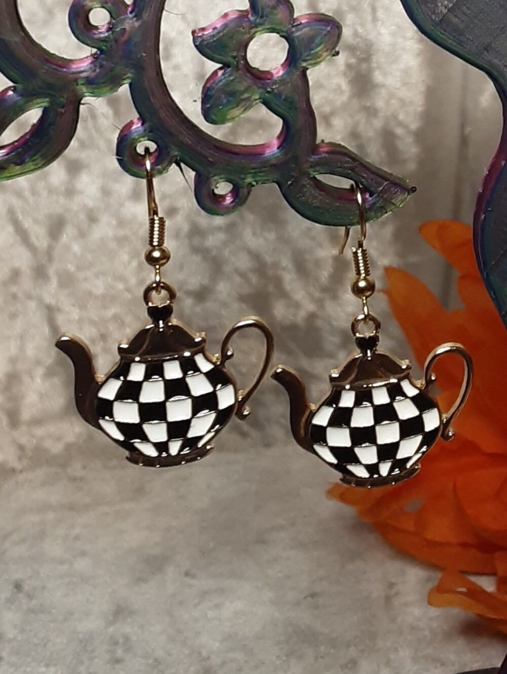 Handmade Black & White Check Teapot Dangle Earrings